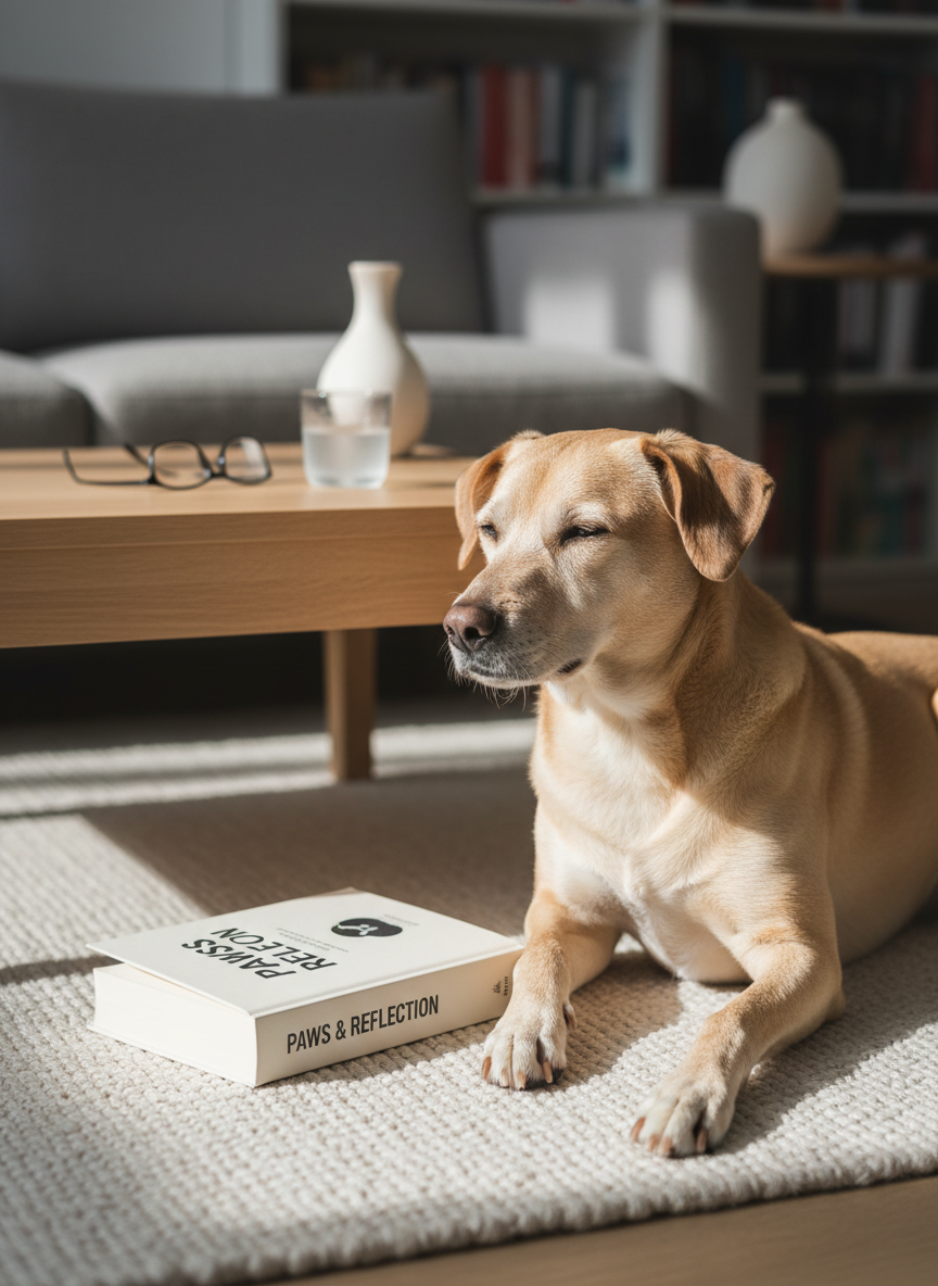 A dignified adult dog with a well-groomed, short sand-colored coat lies calmly on a pale woven rug beside a low oak coffee table in a modern living room. The dog’s fur shows fine texture and subtle sheen, its eyes relaxed and attentive toward an open hardcover book resting on the table. Soft, diffused daylight enters from an unseen window, casting muted, elegant shadows and a gentle gradient of light across the scene. The background is minimalist: a muted gray sofa, a single ceramic vase, and blurred shelving. Shot at eye level with a shallow depth of field and photographic realism, the composition follows the rule of thirds, conveying a sophisticated, serene atmosphere for a contemporary dog blog homepage.